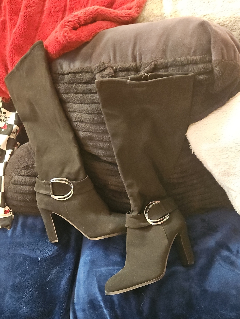 Black High Heel Knee Boot with Silver Buckle